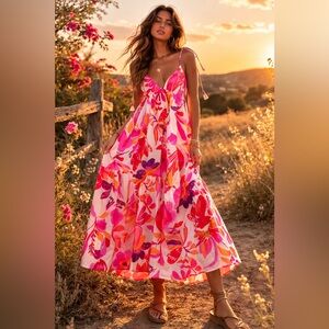 Zara Pink Orange Floral Maxi Dress Cotton Strappy Back Euro Summer M Resortwear